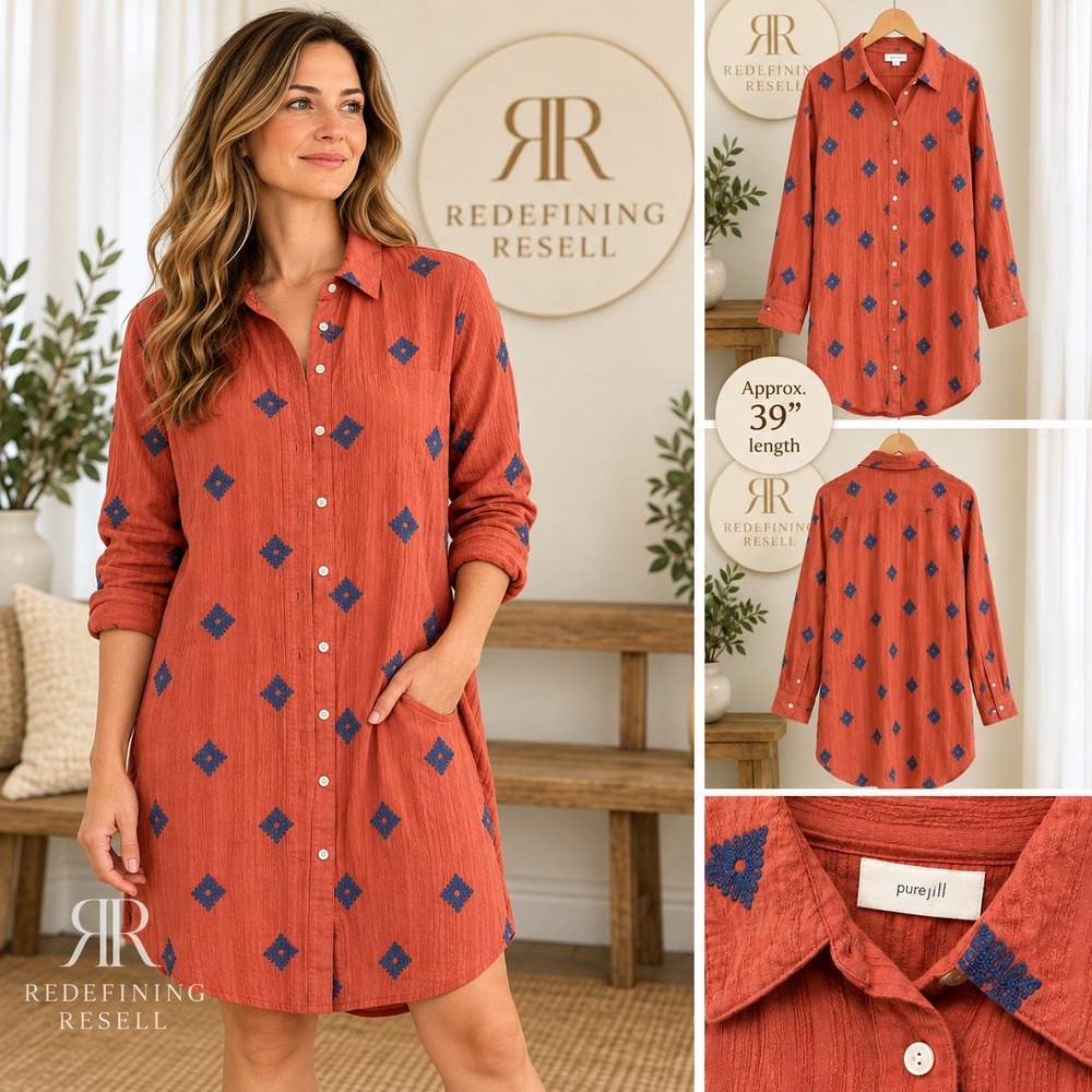 Pure Jill J. Jill Rust Orange Embroidered Cotton Tunic Shirtdress XL Pockets